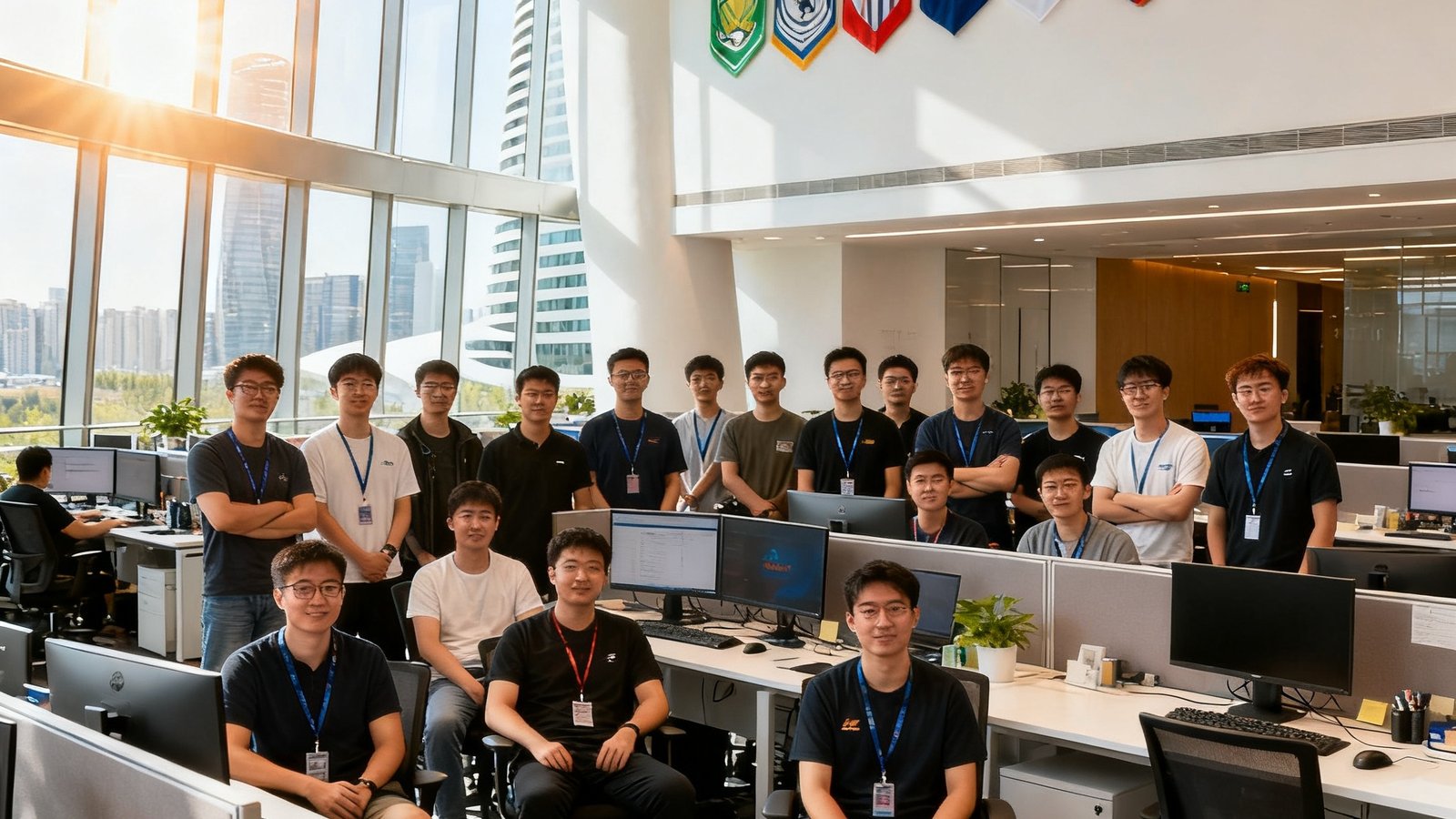 乐球吧北京望京SOHO办公室内，约30名年轻的技术与运营团队成员在开放式工位区合影，背景墙上挂着各联赛球队旗帜，阳光透过落地窗洒满整个空间